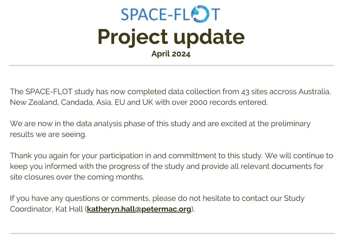 David S Liu. PhD, FRACS (@drdavidsliu) on Twitter photo excited to announce that SPACE-FLOT study has completed data entry and cleaning. Congrats to all from 43 centres across 12 countries. Data analysis will start shortly with readout later in the year. Watch this space! <a href="/CtanzDavid/">David Watson</a> <a href="/ISDE_net/">ISDE.net</a> <a href="/PeterMacRes/">Peter Mac Research</a> excited to announce that SPACE-FLOT study has completed data entry and cleaning. Congrats to all from 43 centres across 12 countries. Data analysis will start shortly with readout later in the year. Watch this space! <a href="/CtanzDavid/">David Watson</a> <a href="/ISDE_net/">ISDE.net</a> <a href="/PeterMacRes/">Peter Mac Research</a>