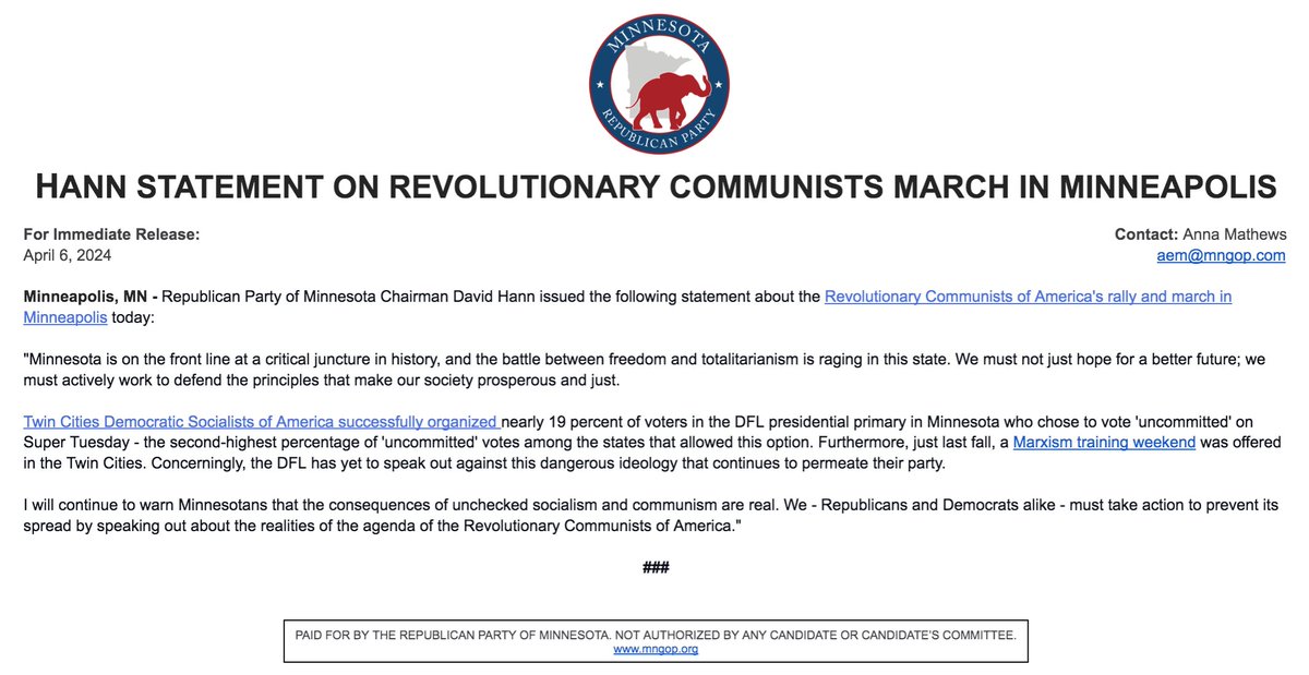 Chairman Hann released the following statement following the Revolutionary Communists of America rally & march in Minneapolis this afternoon: