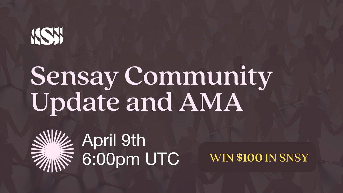asksensay's tweet image. Join the next Sensay Community Update &amp;amp; AMA!

🗓️April 9th, 6:00pm UTC
📍TW Spaces &amp;amp; TG voice
🎁Prize: $100 in $SNSY 

Ft. our Co-Founder &amp;amp; CEO, Dan Thomson @vagrantcrypto 

🔗