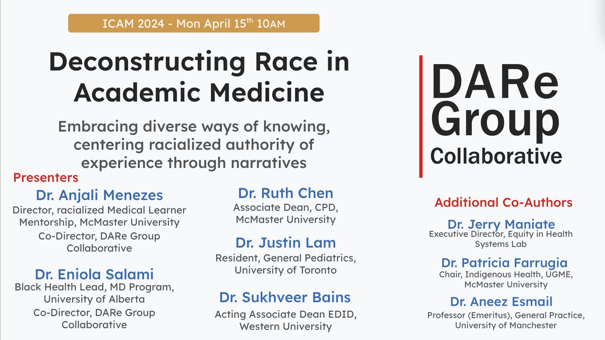 Beyond excited for #ICAM2024 I met 3 of them for the first time last year at ICAM. Join us to create practical plans for decolonizing academic medicine, elevating the narrative testimonies of Black, Indigenous, and Racialized academics. Together, we can change the institution