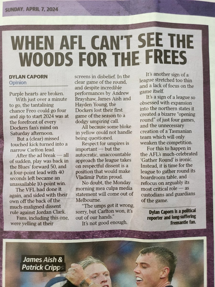 Today's #AFLFreoBlues opinion piece by @Dylan_Caporn on the umpiring mistake that delivered 4 points to @CarltonFC instead of @freodockers #GatherRound