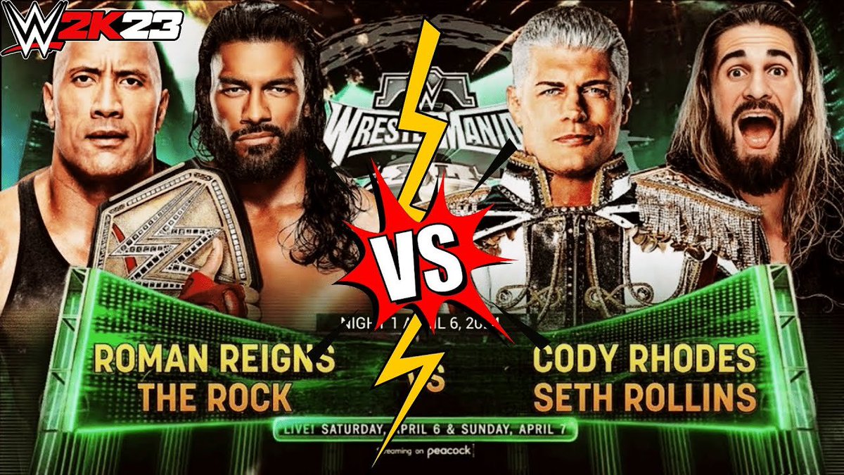 The Rock and Roman Reigns vs. Cody Rhodes and Seth Rollins 
#WrestleMania #RRvsRCB #EmergencyAid #DhruvRathee $BLOCK #Pushpa2TheRule #Taiwan #Sanatani #CJIDYChandrachud $PARAM #HBDPrabhuDeva #tsunami #goodmorning $TRIP