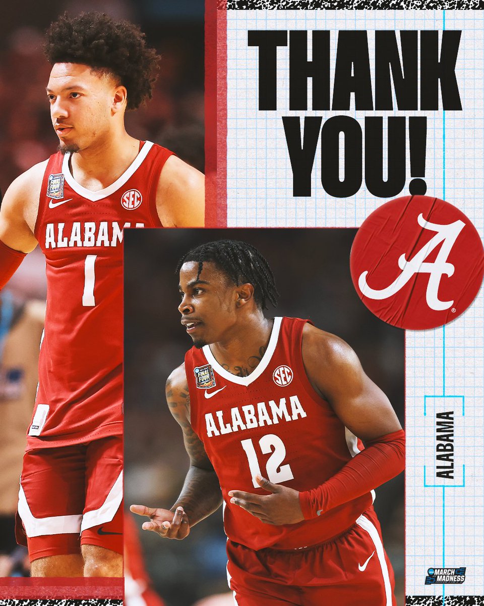 MarchMadnessMBB's tweet image. Salute to @AlabamaMBB 🫡

An incredible run to their first ever #MFinalFour 👏

#MarchMadness