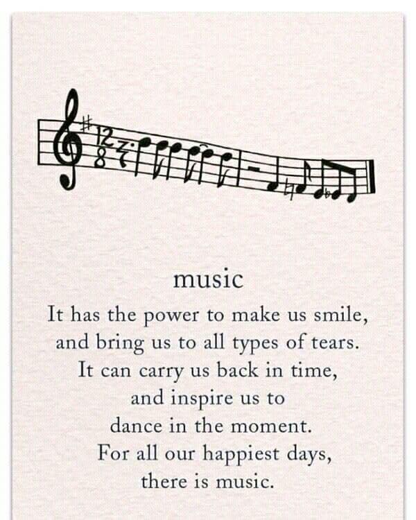 Music. ~ It has the power to make us smile, and bring us to all types of tears. It can carry us back in time, and inspire us to dance in the moment. For all our happiest days, there is music. ~ Agree? #Music