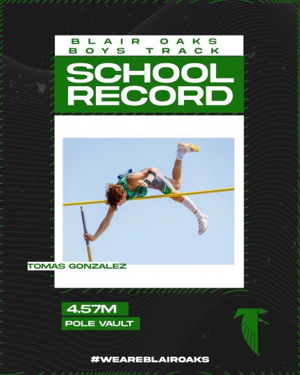 Congratulations Tomas Gonzalez on recently breaking the school record (again!) in pole vault at the Linn Invitational! We look forward to seeing how high this Falcon can fly! #weareblairoaks