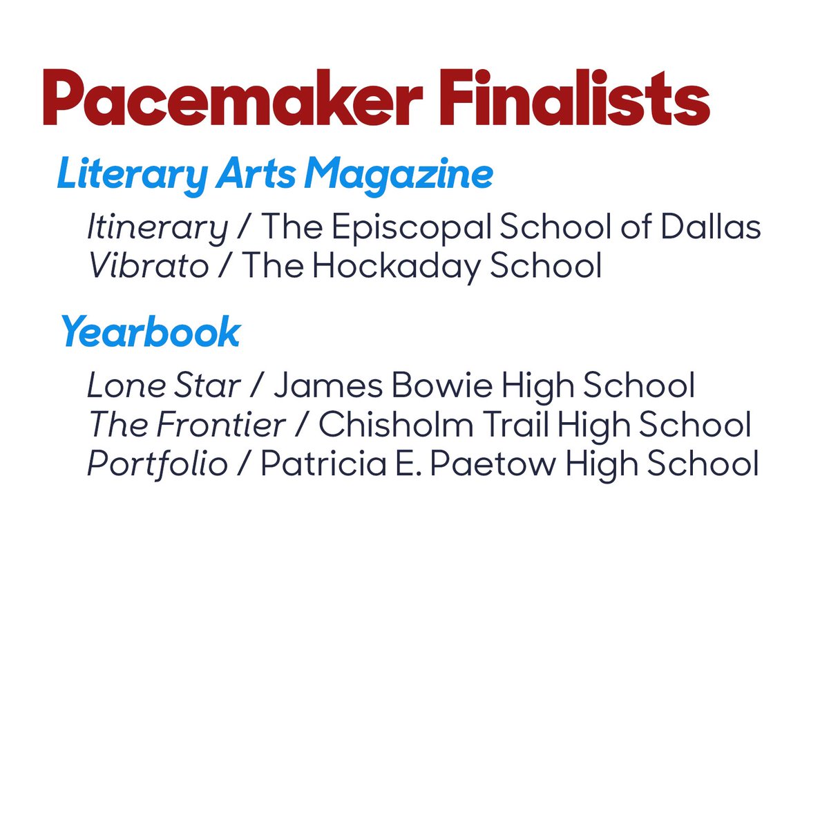 Congrats to all Texas schools who won a Pacemaker or were named a finalist by NSPA in Online, Yearbook and Literary Arts Magazine. We’re so proud of all of the work you’re doing! #TexasProud @NSPA @nhsjc