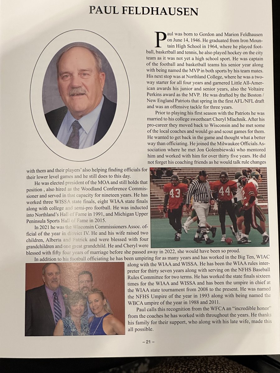 Paul Feldhausen is inducted into the WFCA Hall of Fame in the Citation category after a distinguished career as an official and conference commissioner.