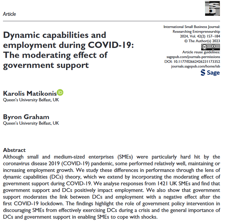 🤔💥 Ever wondered how some SMEs kept growing 📈 during COVID-19? Find out more: 🔗 journals.sagepub.com/doi/full/10.11… #SMEs #COVID19Research 🦠 #DynamicCapabilities #GovernmentSupport 🛡️