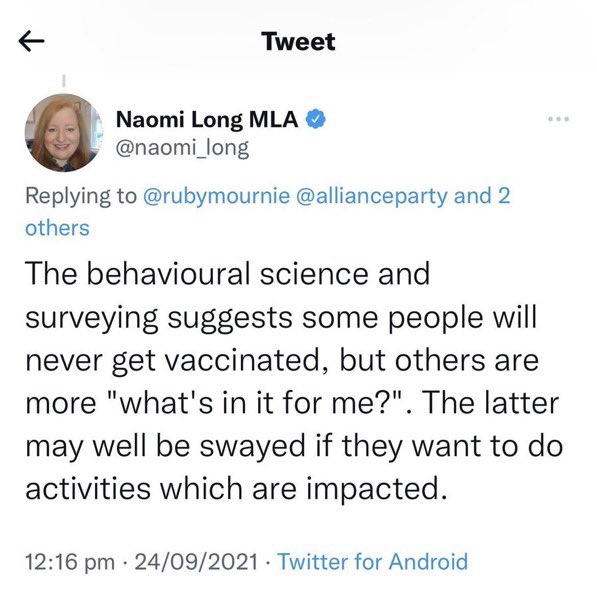 An MLA who wants to introduce a hate crime bill has form for guess what…abusing her position to coerce vaccination & remove the social freedoms of those who exercised their right to bodily autonomy. @allianceparty what punishment would you recommend for your leader?