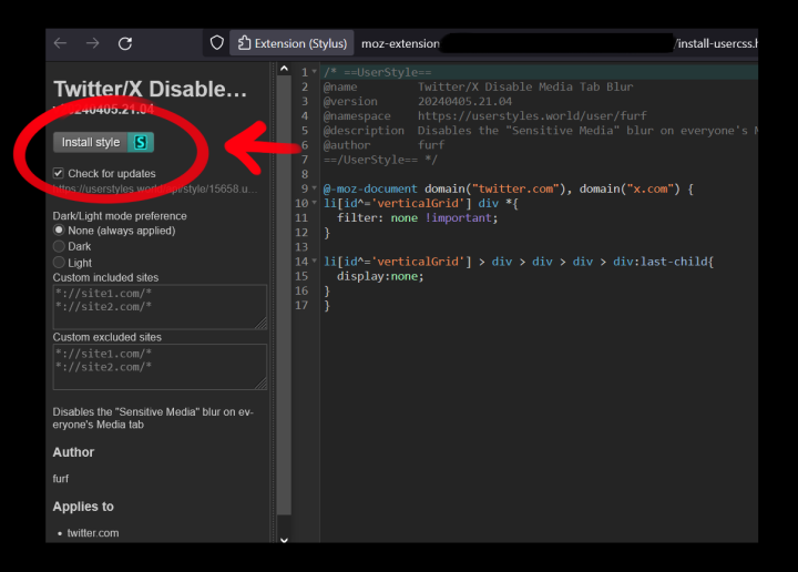 3-STEP TWITTER MEDIA TAB FIX (by furfnsfw) 1. Install 'Stylus' through your browser's extension store 2. Go to this UserStyles page, click 'Install'. It should open the Stylus editor a new tab: userstyles.world/style/15658/tw… 3. In the Stylus editor, click 'Install Style' DONE!