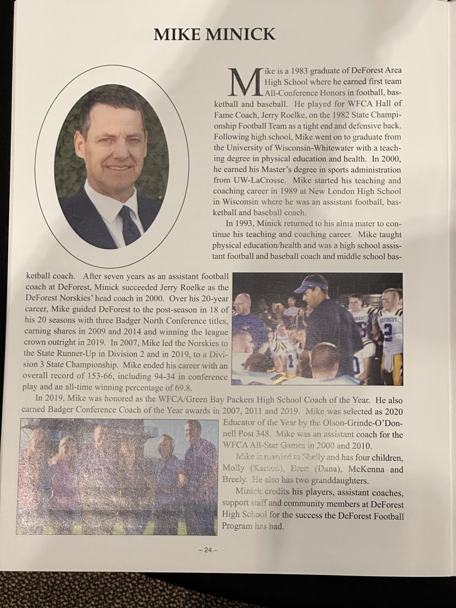 Mike Minick was a state champion coach at DeForest and the 2019 WFCA/Packers Coach of the Year.
