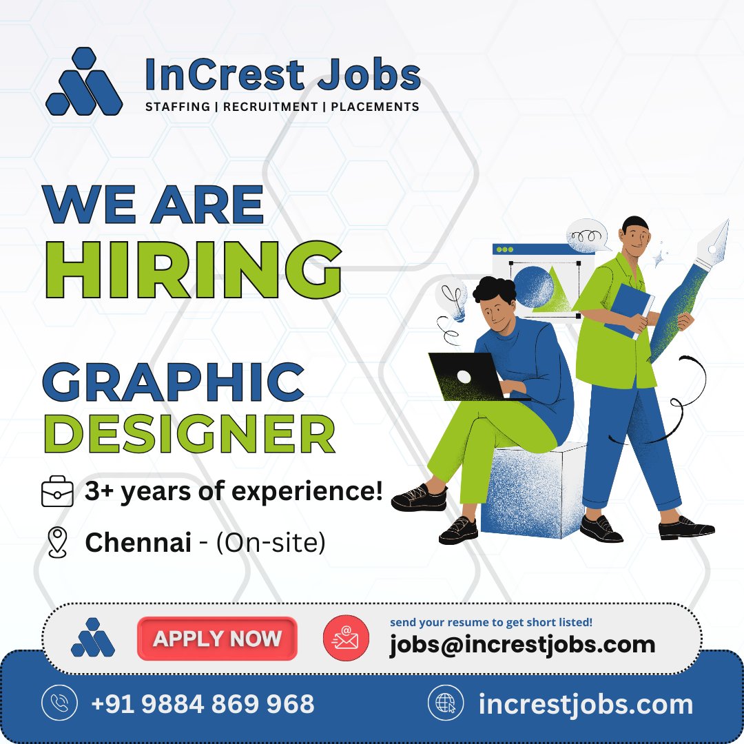 We are hiring a Graphic Designer to bring visual brilliance to our projects. Unleash your creativity, contribute to dynamic designs, and be a key player in our creative team. send your resume to jobs@increstjobs.com #InCresting #InCrestJobs #GraphicDesigner #CreativeMinds
