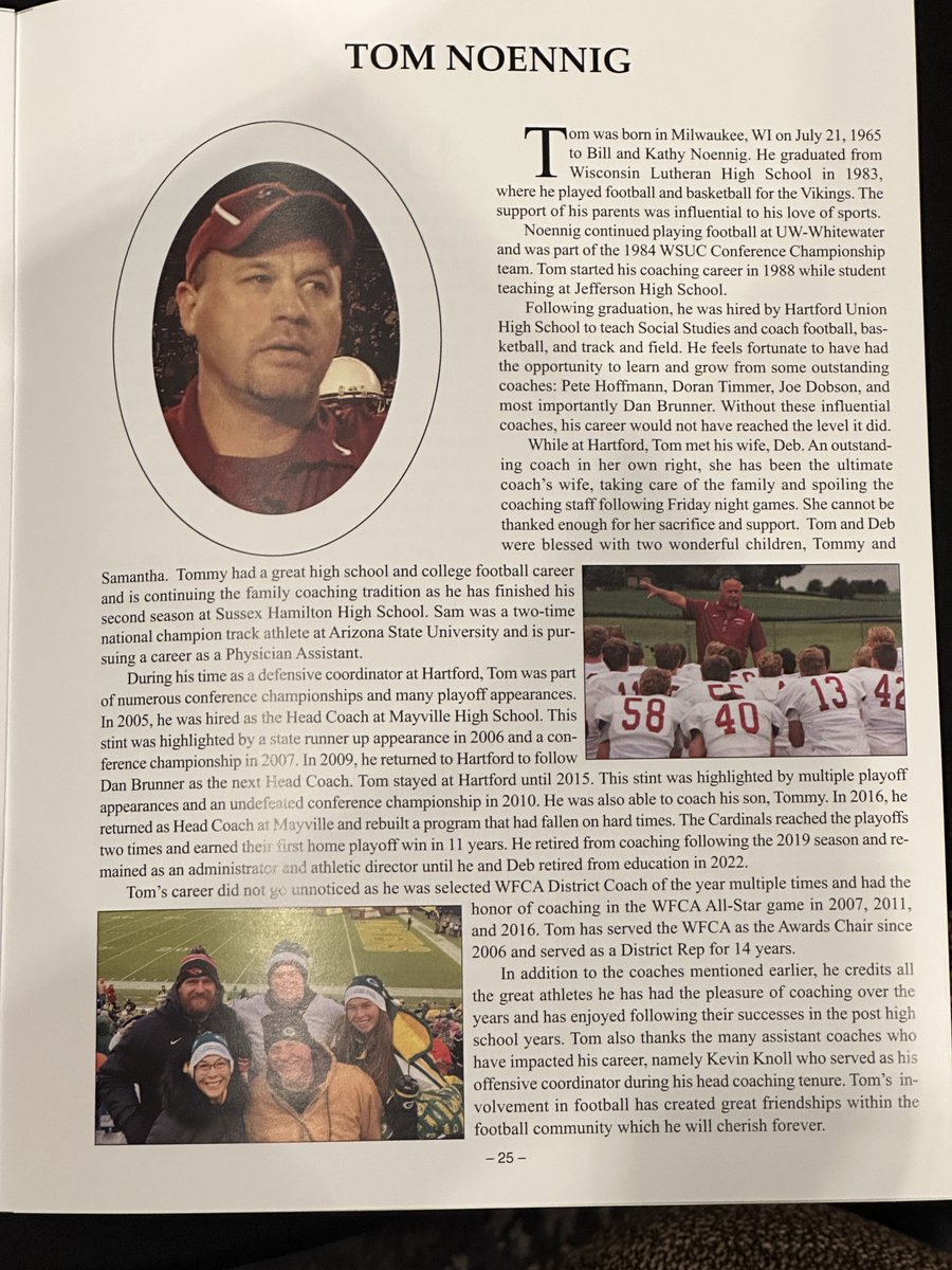 Former Hartford and Mayville coach Tom Noennig is inducted to the WFCA Hall of Fame.