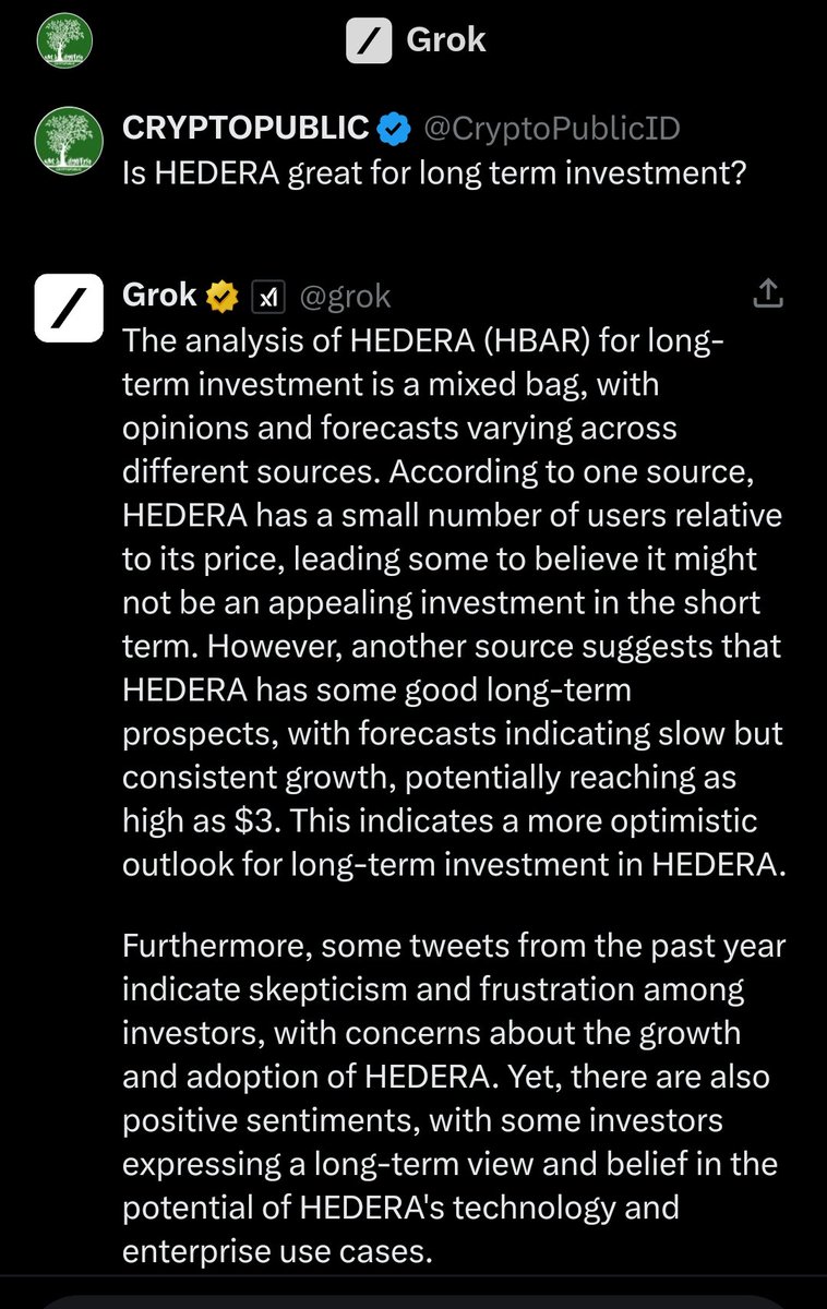 I just asked GROK a question related to investment, HEDERA investment: Is HEDERA GREAT FOR LONG TERM INVESTMENT?
The answer was similart to other AI machine of OpenAiChatGPT. They can answer everything except investment and future price prediction.
#HEDERA #HBAR
Don't take any…