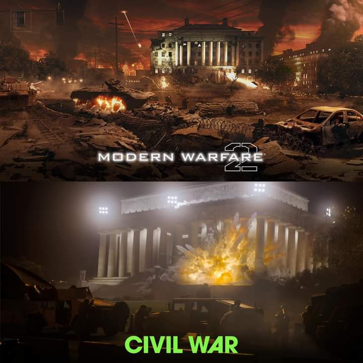 หนังเรื่อง Civil war  วิบัติสมรภูมิเมืองเดือด  กำลังฉายวันที่  11 เมษายน  67 ระบบ Imax ภาพยนตร์เรื่องนี้มีความกลิ่นอายของเกม call of duty Modern Warfare 2 ฉากที่ศึกสมรภูมิ
กรุงวอชินตัน ดี.ซี เหตุการณ์สำคัญๆ เกม cod mw 2 (2009)