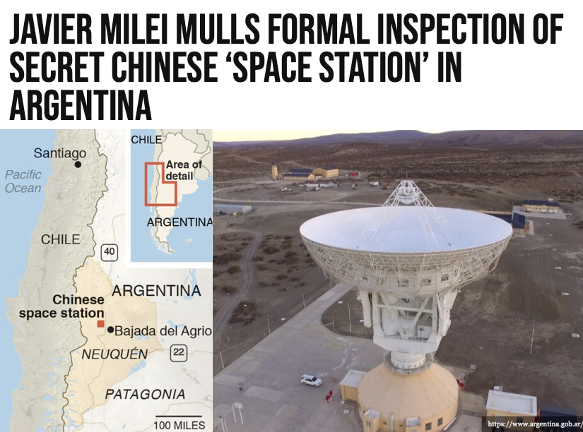 #Argentina: Javier Milei Mulls Formal Inspection of Secret #Chinese ‘Space Station’ in Argentina The space station can have a military role tracking missiles & satellites in the southern hemisphere. U.S. Ambassador to Argentina Marc Stanley told the Argentine newspaper La