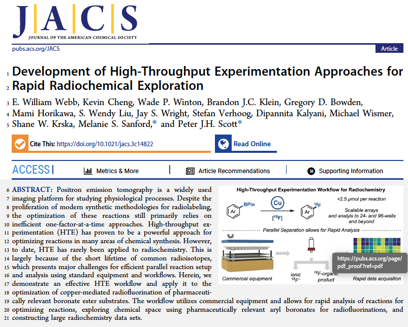 Our latest work with <a href="/Sanford_Lab/">Sanford Lab</a> &amp; <a href="/Merck/">Merck</a> introduces #HighThroughput #Radiochemistry, and reduces the time for identifying &amp; optimizing radiolabeling from weeks/months to just a few days. Funded by <a href="/NIBIBgov/">NIBIB</a> &amp; out in <a href="/J_A_C_S/">J. Am. Chem. Soc.</a>, we're excited to share this: pubs.acs.org/doi/10.1021/ja…