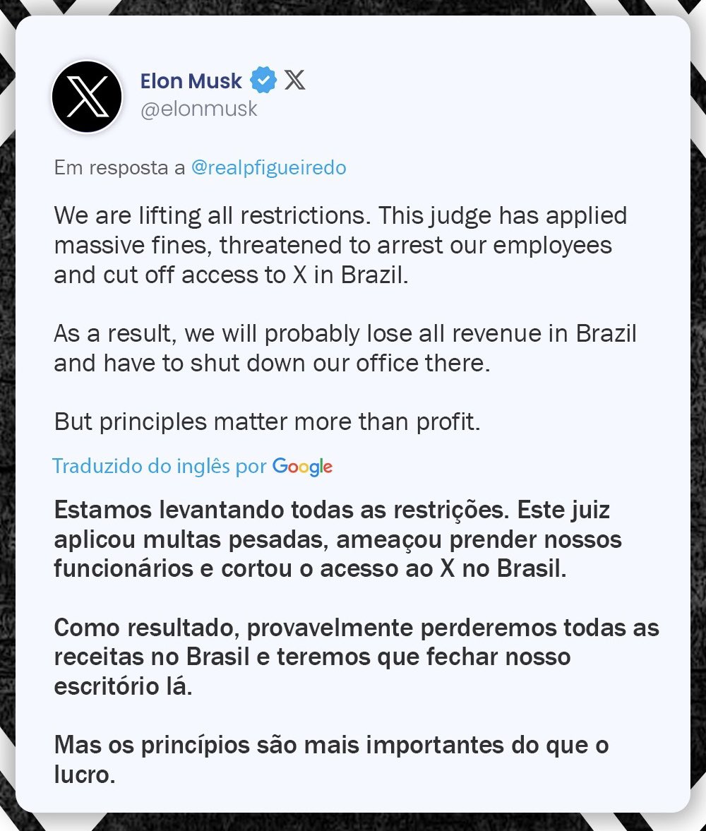 Não há mais como esconder do mundo.
Medidas contra liberdade de expressão agora repercutem, mesmo com o silêncio da mídia nacional conivente. Expõe-se a censura em violação da legalidade e da vontade popular brasileira.