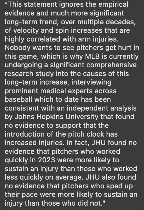 New: MLB bats back after the MLBPA blasted the league's efforts to study the pitch clock's effect on arm injuries. 'This statement ignores the empirical evidence...' With @BASportsGuy theathletic.com/5396486/2024/0…