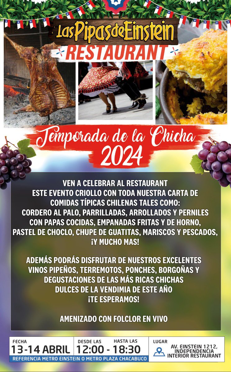 pipasdeeinstein's tweet photo. Este sabado 13 y domingo 14 te esperamos en el Restaurant! Celebramos la llegada de la chicha 2024, están dulcesitas a más no poder!... se celebrará con folclor en vivo 😻, con nuestra carta completa de comidas y tragos 🫶🏻... ¡Te esperamos! #vendimia #chicha #fiesta #surdechile https://t.co/aR89i5B5xu