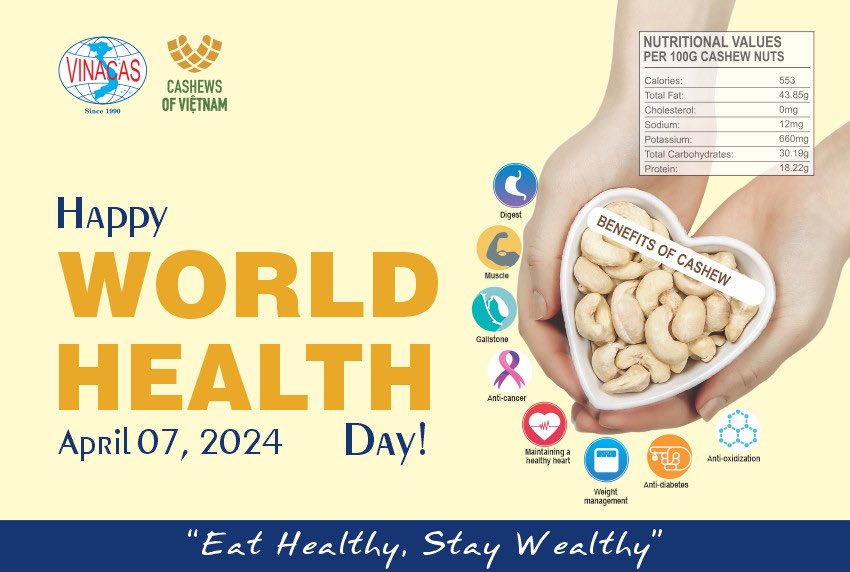 vinacas's tweet photo. Happy the World Health Day, April 07, 2024 “My Health, My Right!”. The right to health, education and information are universal rights of all human beings.
#vinacas #cashew #worldhealthday #eathealthy #hatdieu #hiephoidieu https://t.co/1spYXPBWzP