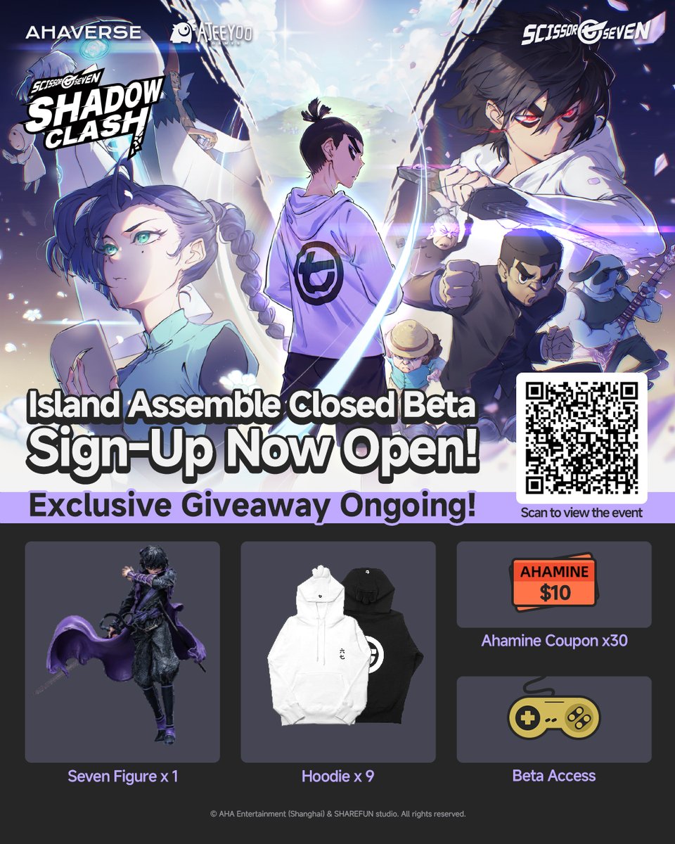 #ScissorSevenShadowClash Island Assemble Closed Beta Sign-Up Starts! 🔥 > Sign-Up: sssc.ahaverse.com #IslandAssembleCBT GIVEAWAY Ongoing! ✅Complete tasks to get in pool 🎁S7 merch & beta access 🏅40 winners! > Go now: gleam.io/Dns5b/sssc-isl… #ScissorSeven #SSSC #giveaway