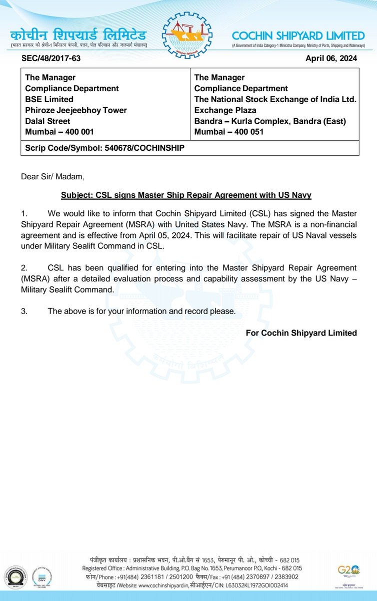 India's Cochin Shipyard company signs Master Shipyard Repair Agreement with the US Navy. The Agreement came into effect from 5th April. Last year, it was L&T.