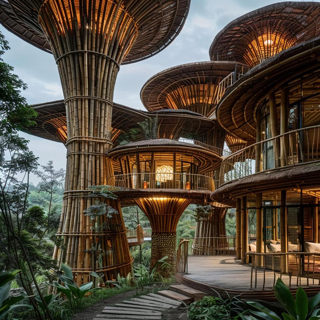 Sustainable Bamboo Abode, Bali, Indonesia by Kowsar Noroozi Read more: amazingarchitecture.com/visualization/… The use of bamboo as the primary construction material for these volumes not only lends a sustainable touch but also infuses the design with an organic essence that harmonizes with…