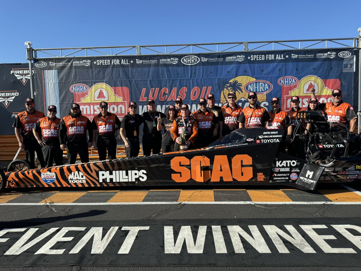 Into the winners circle for our @ScagPower @ToyotaRacing @phillips_conn Top Fuel Dragster team!! That’s 3 #WinterNats wins in a row and I am incredibly grateful for our entire team and all that they do. They’re #SimplytheBest!
