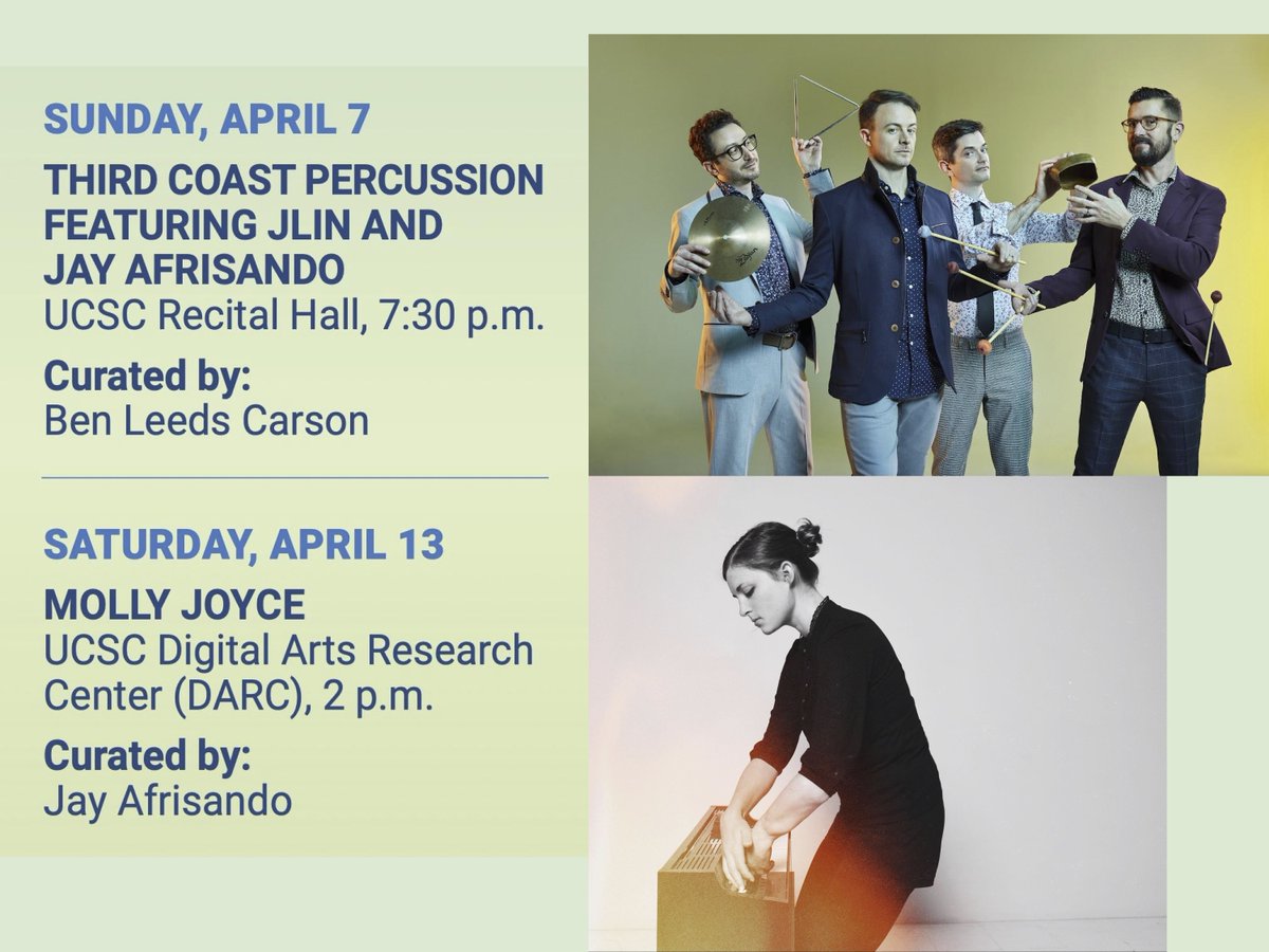 Jay Afrisando (@jay_afrisando) on Twitter photo Over these 2 weekends, I’m involved in 2 shows in which <a href="/ThirdCoastPerc/">Third Coast Percussion</a> will premiere my work, and I curate a show featuring intriguing composer & performer <a href="/Molly_Joyce/">Molly Joyce</a>, as part of the April in Santa Cruz Creative Music & Arts Festival 2024.
More info: aprilsc.ucsc.edu Over these 2 weekends, I’m involved in 2 shows in which <a href="/ThirdCoastPerc/">Third Coast Percussion</a> will premiere my work, and I curate a show featuring intriguing composer & performer <a href="/Molly_Joyce/">Molly Joyce</a>, as part of the April in Santa Cruz Creative Music & Arts Festival 2024.
More info: aprilsc.ucsc.edu