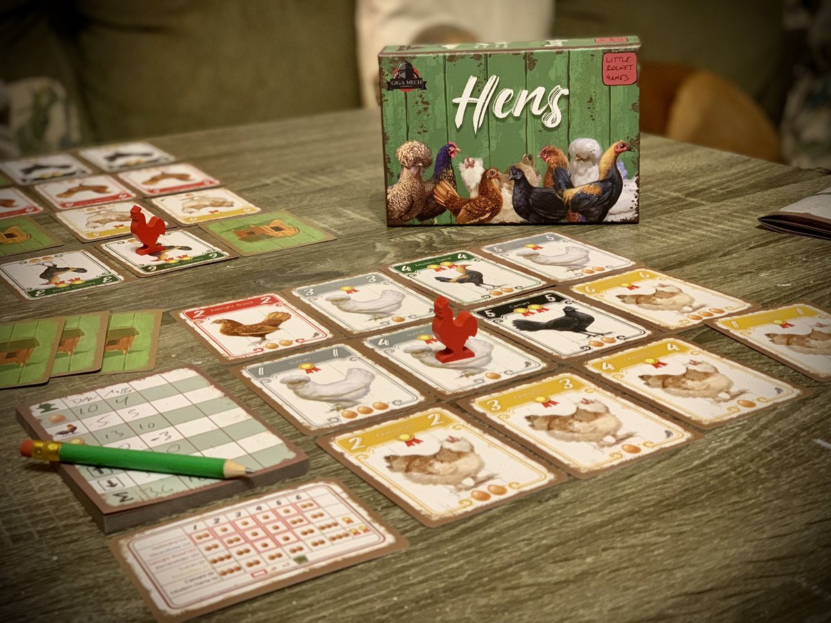 Hey, Meeps! Another fun night of gaming. Tonight we played Hens, published by @giga_mech_games @littlerocketgames. Challenge your opponent to have the best lot of chickens! Score your largest groups, end game goals and more! Lovely game for 2-4 players! Quick, easy, FUN!