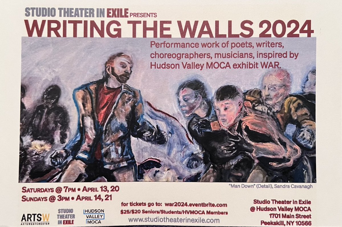 eventbrite.com/e/writing-the-…

#Peekskill
#Jasper
#ManhattanCollege 
#WestchesterCounty
#War
#StudioTheaterInExile 

MaryAnn McCarra-Fitzpatrick (1989) will be performing at #WritingTheWalls 2024, coming up at #HVMOCA in #PeekskillNY in the #HudsonValley

Only FOUR PERFORMANCES!!!