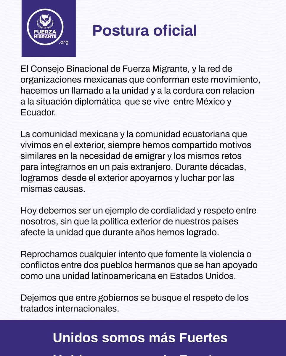 FuerzaMigrante's tweet photo. #posturaoficial de #FuerzaMigrante ante conflicto diplomático entre #México y #ecuador 

#UnidosSomosMasFuertes #inmigrantesenusa https://t.co/XUmT3GDjYH