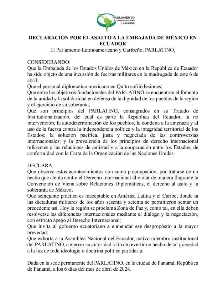 @Parlatino_org se pronunció enérgicamente sobre el asalto a la Embajada de México en Ecuador y calificó de inaceptable semejante práctica que atenta contra la paz. @RolandoGlezP @BcsRicardo @_RodriguezJuan_ @leandroavila86 @soudaniellapb