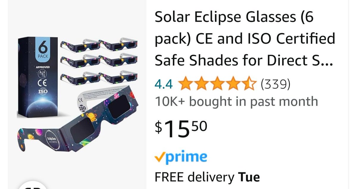 Great deal on @Amazon on eclipse glasses. Free delivery Tuesday