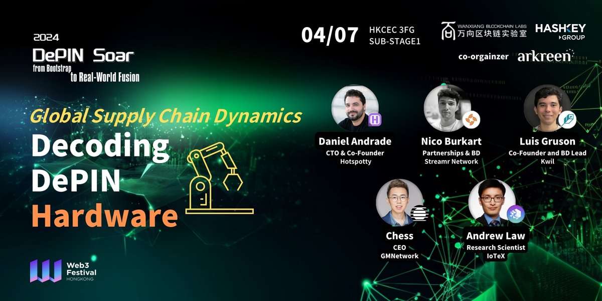 Join us today at the Hong Kong Web3 Festival 2024 @festival_web3 for Panel Discussion: Exploring DePIN Enablement: Revealing the Technology Stack Driving Mass Adoption. Featuring: 🔹 Daniel Andrade @dspillere, CTO & Co-Founder, Hotspotty @hotspotty 🔹 Nico Burkart…