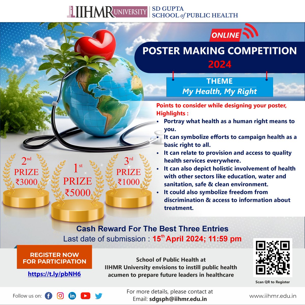 We are happy to announce a #Poster #Competition  to commemorate the #WorldHealthDay 2024 . Click to learn more and submit your entries to win exciting prizes ! <a href="/IIHMRUniversity/">IIHMR University</a> <a href="/WHO/">World Health Organization (WHO)</a> #WHD2024 #WorldHealthDay2024 #MyHealthMyRight 

iihmr.edu.in/jaipur/world-h…