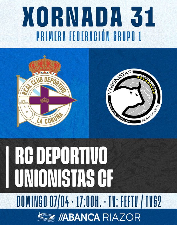 Vandaag wedstrijddag!

At 17:00 hours in Riazor, Depor host Unionistas Salamanca.

Depor storms back to its fortress, Riazor, ready to solidify its grip on the top spot.

Vamos Depor! Vamos Depor! Eh! Eh!
Forza Depor!
💙🤍💙🤍💙

#forzadepor #rcdeportivo  #hondenlullen #riazor
