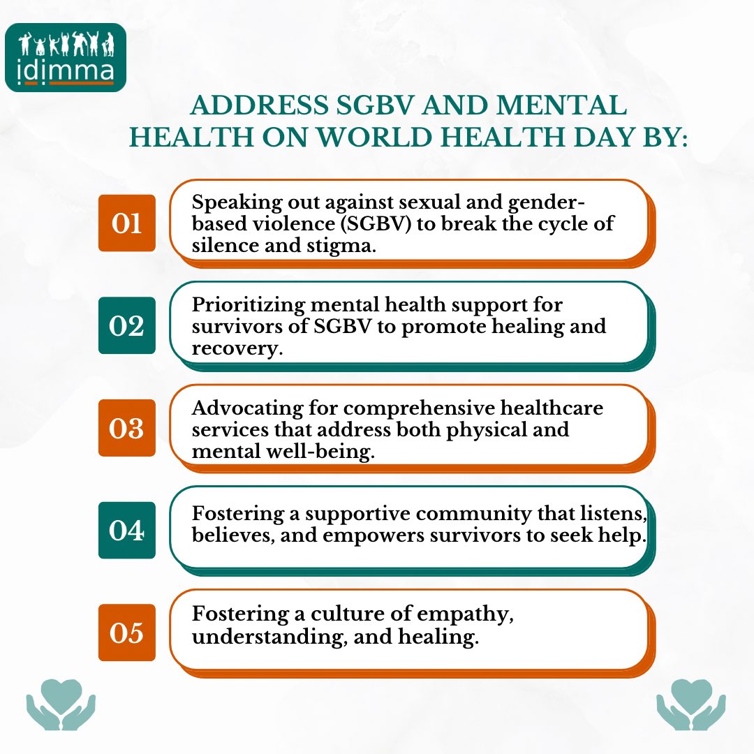On #WorldHealthDay, we address the link between #mentalhealth and #SGBV Survivors face immense challenges.

Let's speak up, provide support, and push for holistic care. Together, we can build a world where everyone feels safe, respected, and empowered🙌

#EndSGBV
#MyHealthMyRight