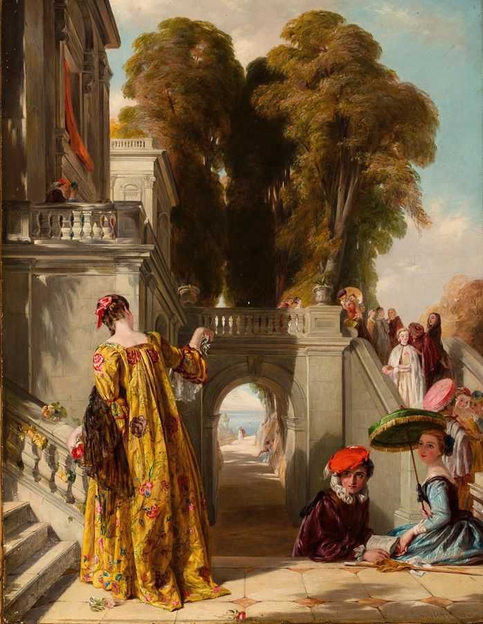 Elegant figures on the terrace of a country house (1866) by John Callcott Horsley (English artist, lived 1817–1903). Oh, those colours.