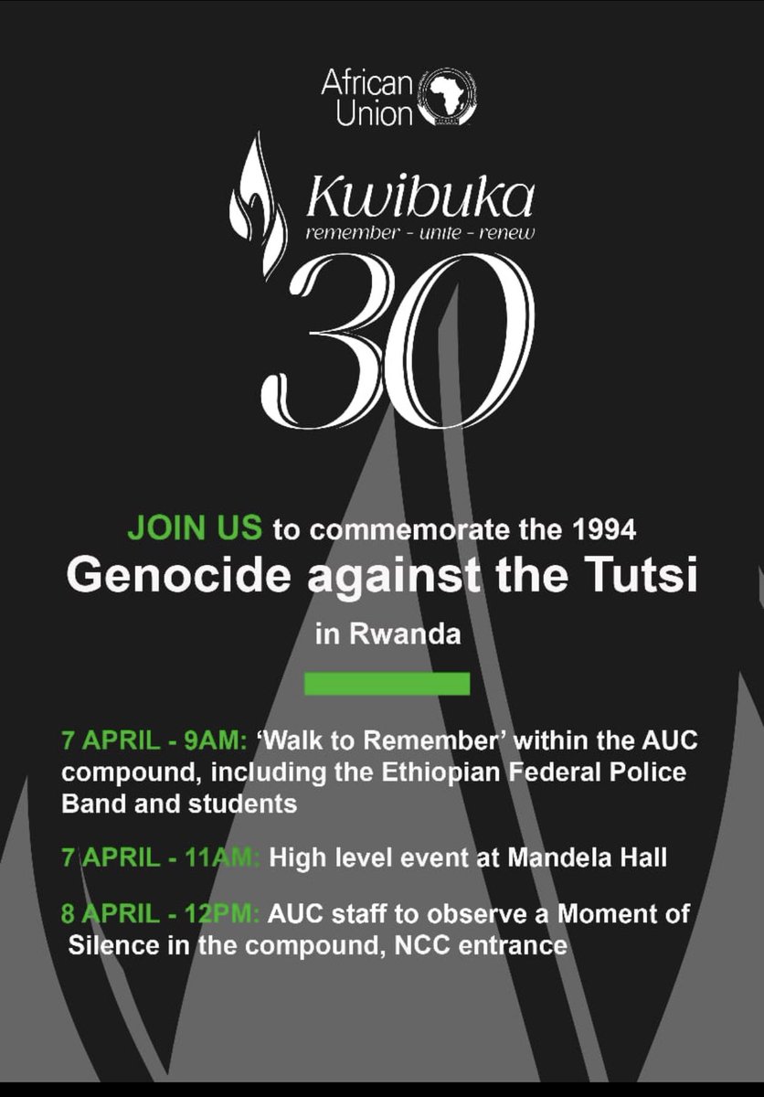 Today marks the start of the 30th commemoration of the 1994 genocide against the Tutsi.

We pay tribute to the victims of the Genocide, honour the resilience of the survivors, and reflect on Rwanda's transformation journey through unity and reconciliation. #Kwibuka30

Join us