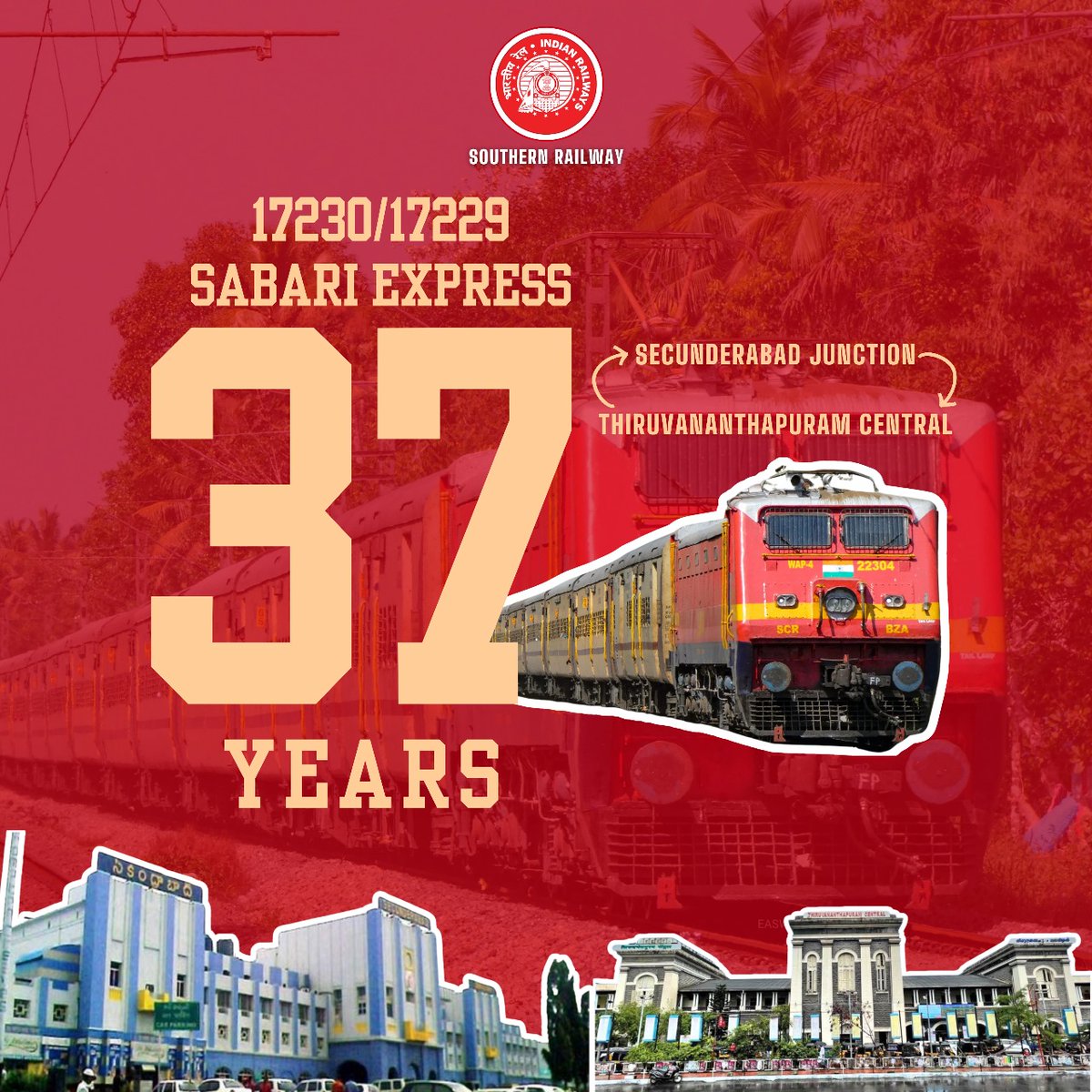 drm_tvc's tweet photo. 37 years of unwavering connectivity! The Thiruvananthapuram Central-Secunderabad Junction #SabariExpress has been seamlessly joining the historic charm of Thiruvananthapuram with the pulsating heartbeat of Hyderabad. Here's to the enduring legacy of unity and progress on tracks. https://t.co/9KEtaQJ6kV