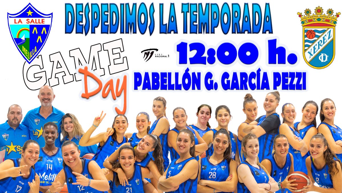 🏀 Game day! Último partido de liga! 🏆 J18 #LN1 🏡🆚 @XerezCD_OFICIAL 📆 Domingo 12:00 📌 Pabellón Guillermo García Pezzi #VamosSalle💛💙 #MelillaBaloncestoFemenino #MelillaCiudaddelDeporte