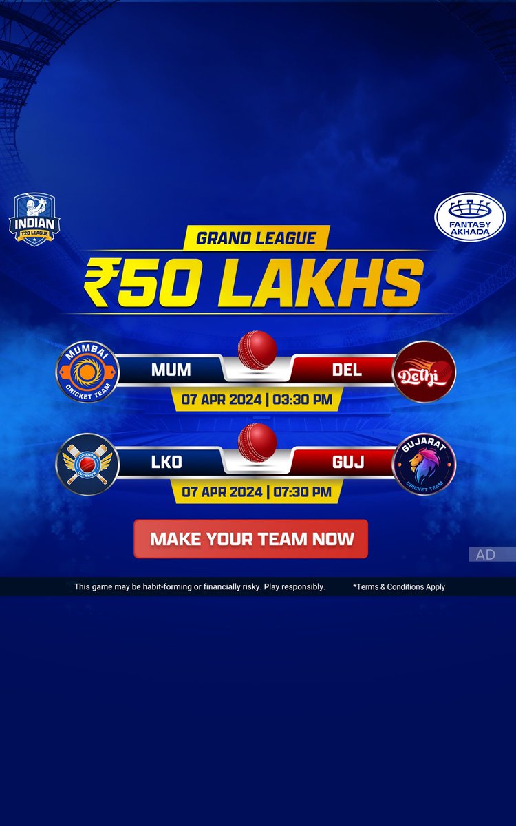 Indian T20 League me hai aaj Double Dhamal 🎉 Join karo Mega aaj ke “MUM vs DEL” and “LKO vs GUJ” Match Mein aur Jeeto Bada on Fantasy Akhada. 🏆💰 Apni Best Teams ke Sath Ready ho Jao, Jeet ka Countdown Shuru ho Chuka hai🚀 #FantasyAkhada #AsliAkhada #GrandLeague #T20Cricket