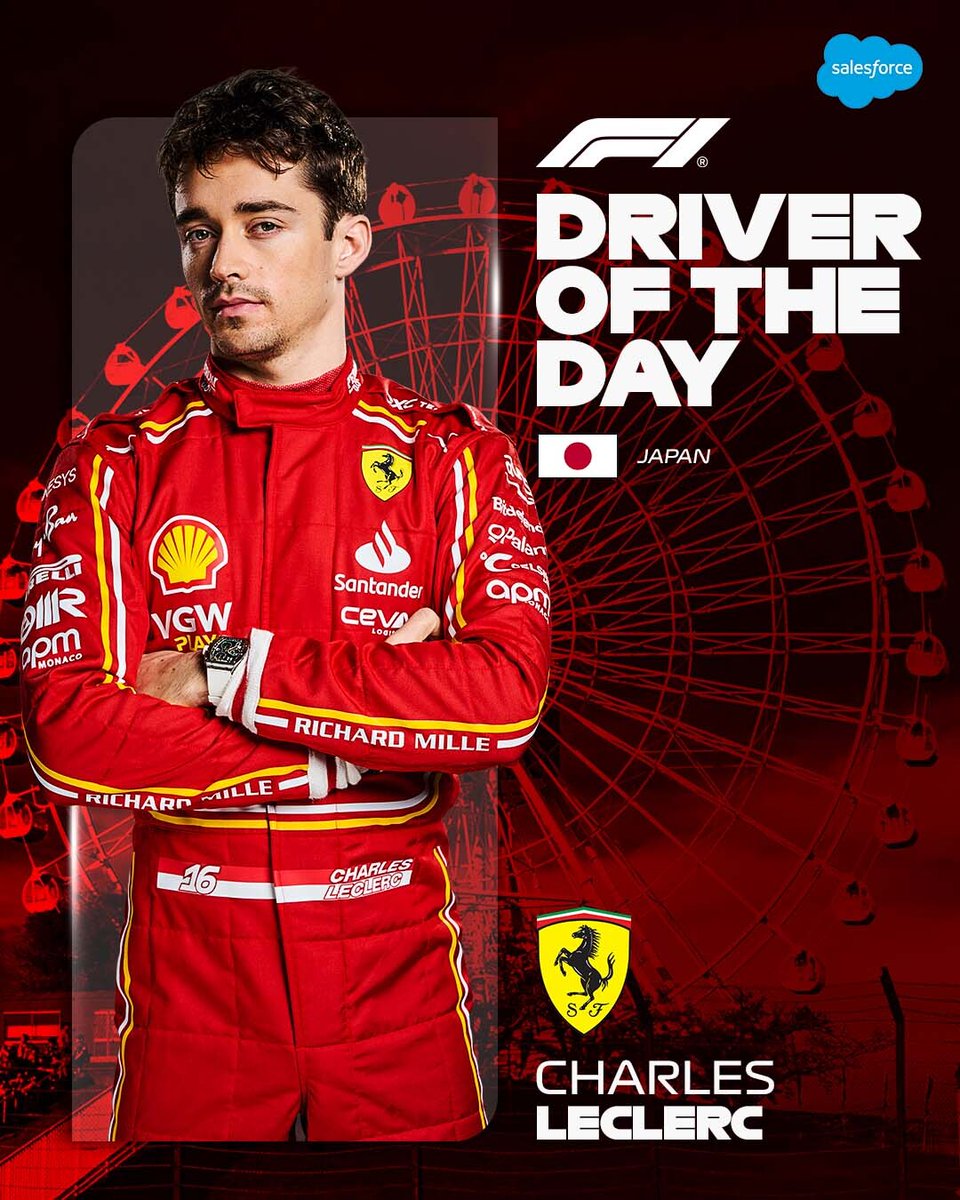 F1's tweet image. It&apos;s official - Charles Leclerc is your #F1DriverOfTheDay! 

A mega first stint by the Ferrari driver, and three places gained to take P4 in Suzuka! 🚀

#F1 #JapaneseGP @salesforce