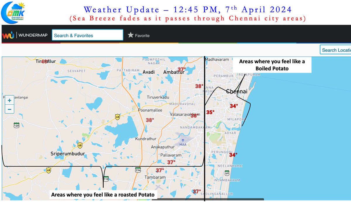 Like Yesterday the Sea breeze seems to have gone missing as it crossed through #Chennai. Western parts of the city and suburbs continue to get roasted under dry hot conditions, while city areas remain humid due to weak sea breeze. #WxwithCOMK. #Summer Coastal Parithabangal