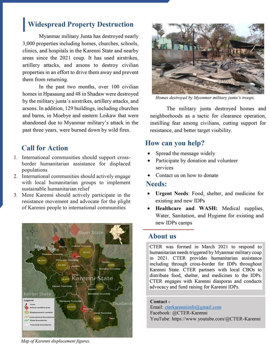 📰 Latest update from the Karenni Coordination Team for Emergency Relief since the coup: Key Findings: 👉282,000+ internally displaced people 👉2983+ buildings destroyed 👉136+ civilians killed by the junta In the last two months, airstrikes have destroyed hospitals & schools.