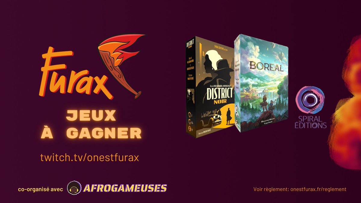 FURAX 🔥 (@onestfurax) on Twitter photo C'est dimanche matin, on est posé avec le café, alors pour vous mettre bien ❤️🔥 ON FAIT GAGNER DES TRÉSORS ❤️🔥
Des jeux <a href="/SpiralEditions/">Spiral Éditions</a>, l'éditeur des légendaires Boréal et District noir, sont à gagner sur notre live Twitch: twitch.tv/onestfurax C'est dimanche matin, on est posé avec le café, alors pour vous mettre bien ❤️🔥 ON FAIT GAGNER DES TRÉSORS ❤️🔥
Des jeux <a href="/SpiralEditions/">Spiral Éditions</a>, l'éditeur des légendaires Boréal et District noir, sont à gagner sur notre live Twitch: twitch.tv/onestfurax