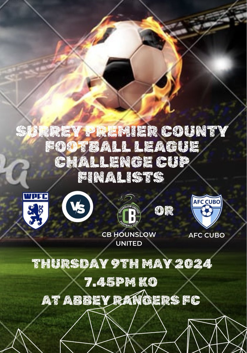 Exciting news as @worcesterparkfc secures their spot in the Challenge Cup final! The next showdown between @CBHounslowUTD & @AFCCubo is set for Thursday, April 11th at 7.45pm. Who will join Worcester Park in the final? Stay tuned to find out! #ChallengeCup #FootballFever