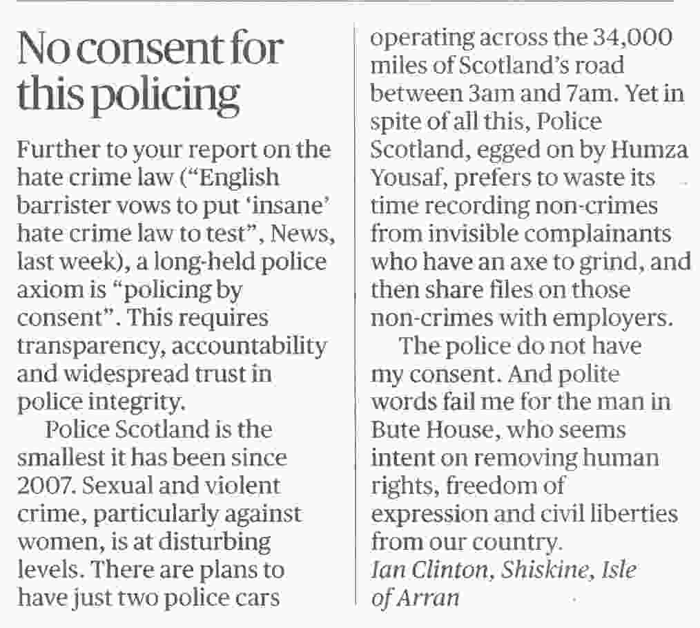 Excellent letter in the Sunday Times this morning... Can't argue with a single word, eh? @PoliceScotland ? @HumzaYousaf ? @theSNP ? #HateCrimeAct #HateCrimeActScotland #HateCrime #HateMonster 🇬🇧